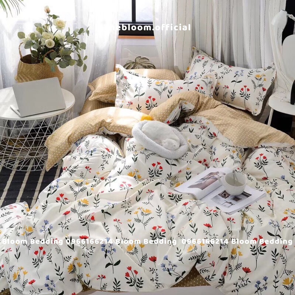 (Có sẵn) Set Chăn Ga Gối Cotton Poly 4 Món - Hoa Nhí Ga Chấm Bi