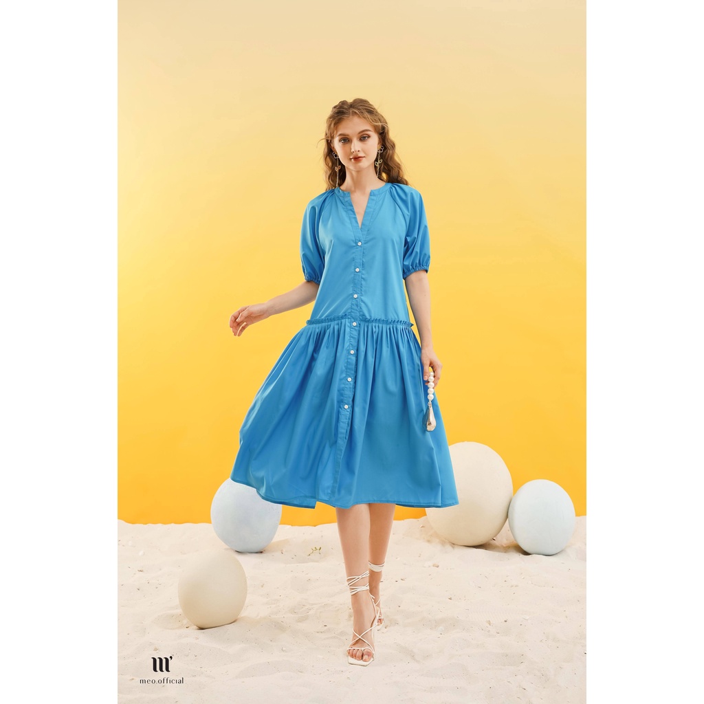 Váy liền nữ Méo shop cổ V ngắn tay phối dây eo dáng xuông phong cách công sở Kalyn