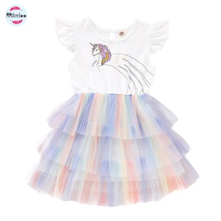Đầm Tutu Mikrdoo Tay Cánh Tiên In Hình Kỳ Lân Thời Trang Mùa Hè Dành Cho Bé Gái Mặc Dự Tiệc