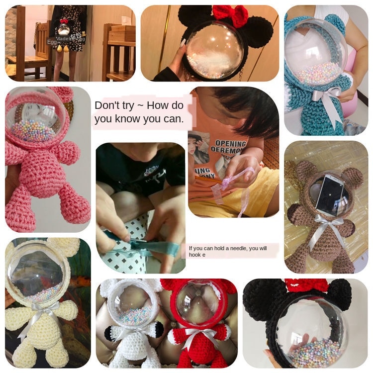 Little Bear Mickey DIY material bag hand-woven transparent ribbon crochet wool TikTok same backpack for girlfriend