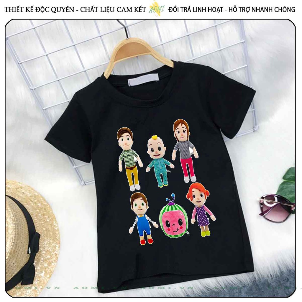 ÁO THUN HOẠT HÌNH cocomelon UNISEX PHÔNG ĐEN TAY NGẮN NAM NỮ GIA ĐÌNH CẶP ĐÔI SIZE TRẺ EM BÉ TRAI GÁI AOMIVN