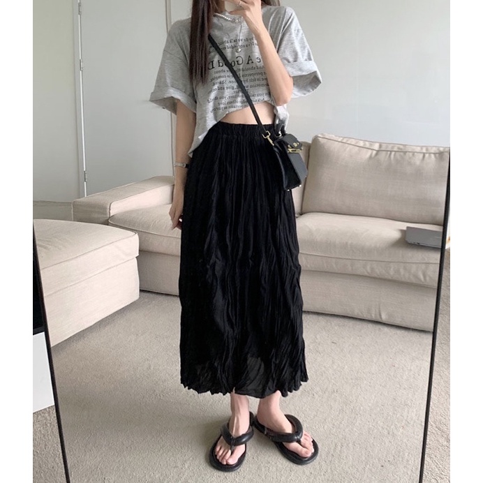 Urihouse - Chân váy nhăn xoè dáng dài midi cạp cao chun màu đen, màu trắng có lớp lót phía trong