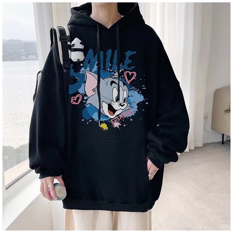 Áo sweater nam cổ tròn dáng rộng nỉ in hình mèo hoạt hình phong cách vibe