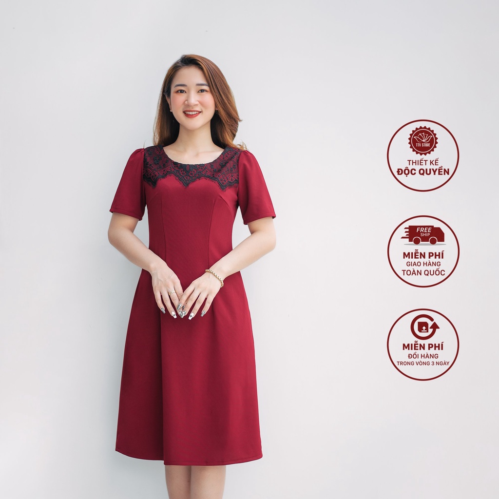 Đầm dự tiệc dáng chữ A thiết kế cổ tròn phối ren tay ngắn đỏ đô - TTV951 TTV Store