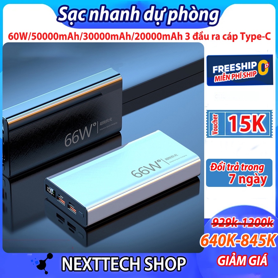 Sạc dự phòng siêu nhanh 60W/50.000mAh/30.000mAh/20.000mAh 3 đầu ra cáp