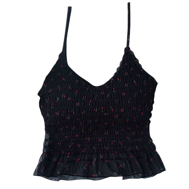 Brroa Áo Croptop Nhún Bèo Họa Tiết Hoa Phong Cách Pháp Thời Trang Cho Nữ