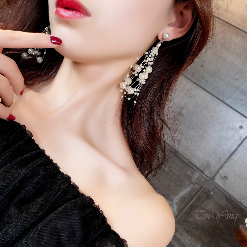 GETNOIVAS Bông Tai Dáng Dài Đính Ngọc Trai Phối Tua Rua Phong Cách Hàn Quốc Thời Trang Cho Nữ