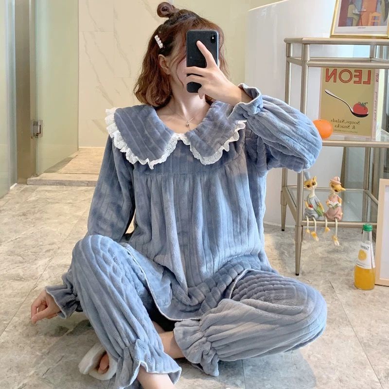 Bộ đồ mặc nhà vải dạ dày dặn phong cách công chúa thời trang thu đông giữ ấm cho nữ | BigBuy360 - bigbuy360.vn