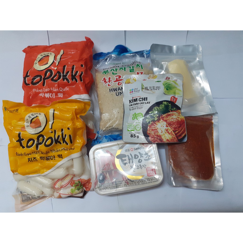 combo lẩu topokki ( 1kg bánh gạo+ 450g chả cá+phô mai sợi+tương Gochujang hộp 200g+ ớt bột)