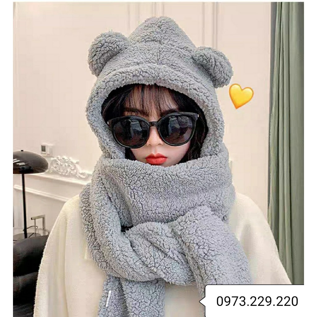 Mũ Trùm Đầu Tai Gấu Liền Khăn Cực Ấm