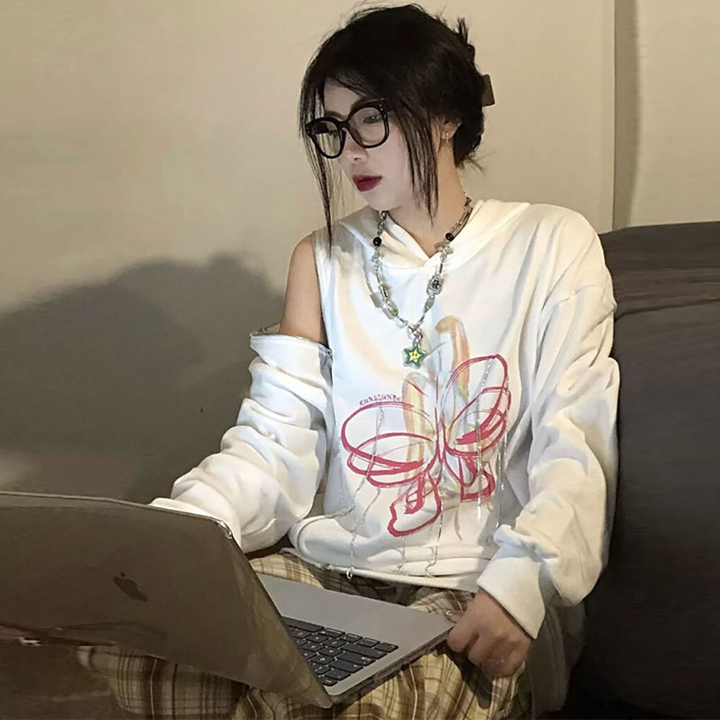 Áo hoodie mỏng có nón trùm tay dài phối khóa kéo tua rua kim cương giả in hình mới cho nữ