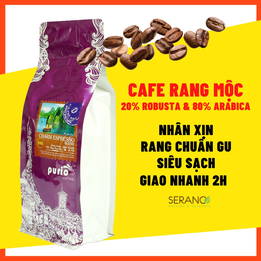 Cafe arabica nguyên chất rang xay Purio Charm Espresso Blend Chua Nhẹ 250g rang mộc 80% Arabica 20% Robusta pha máy phin