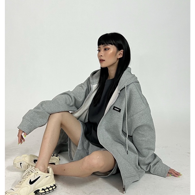 ÁO KHOÁC HOODIE ZIP NAM NỮ MŨ RỘNG FORM RỘNG UNISEX MÀU GREY XÁM FUNKY
