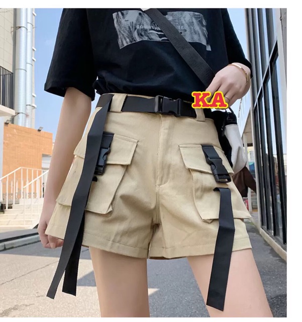 Quần sooc kaki túi hộp dây khuy cài kèm dây lưng