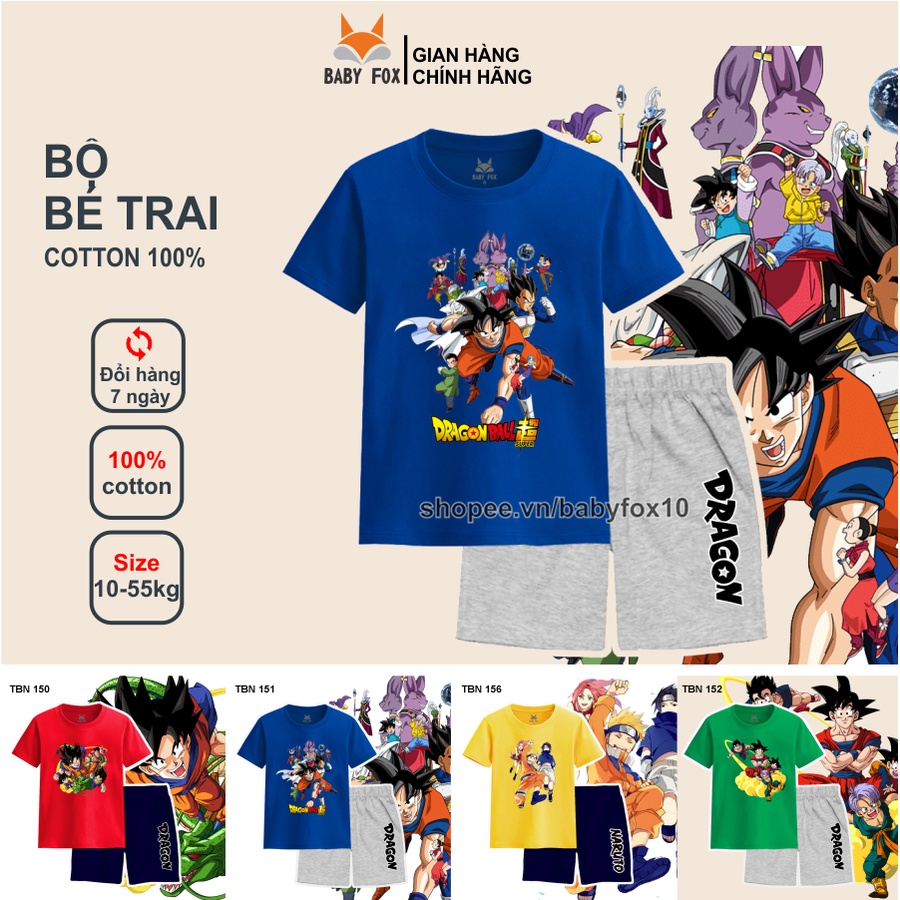 Bộ thun bé trai 100% cotton loại tốt, thương hiệu BABY FOX, hình Dragon Ball nhiều mẫu, size 10-55kg k