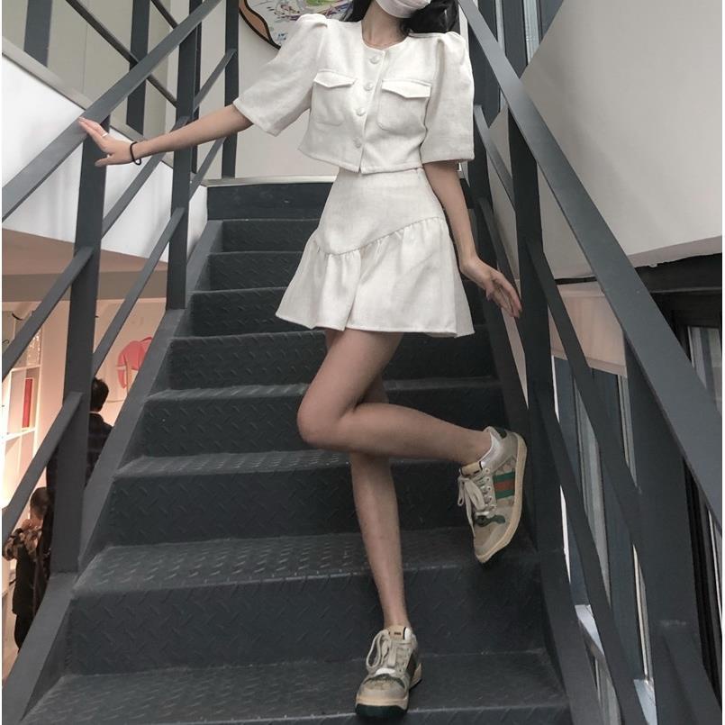 MURIOKI Bộ Đầm Babydoll Tay Phồng Màu Trắng Phong Cách Hàn Quốc 2022 Thanh Lịch Cho Nữ