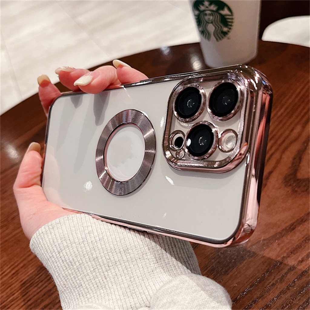 Ốp Điện Thoại Mềm Trong Suốt Mạ Logo Sang Trọng Có Lỗ Bảo Vệ Ống Kính Máy Ảnh Cho iPhone 13 12 11 Pro max 12 mini XR XS X max 7 8 Plus Lưng
