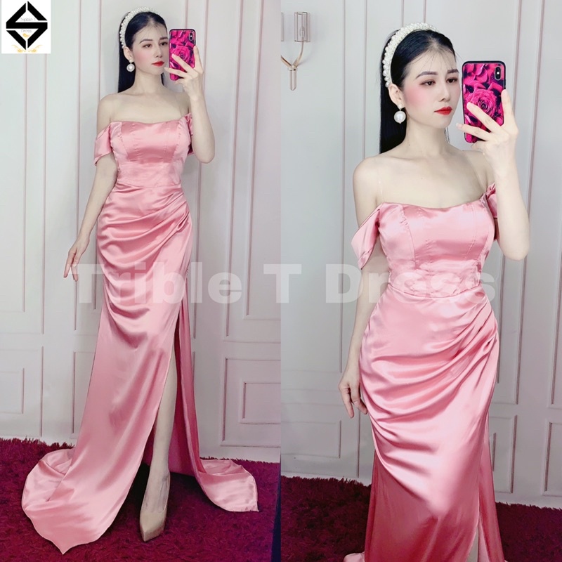 Đầm maxi body trễ vai xẻ đùi chất phi thun lụa TRIPBLE T DRESS - size M/L - MS393V