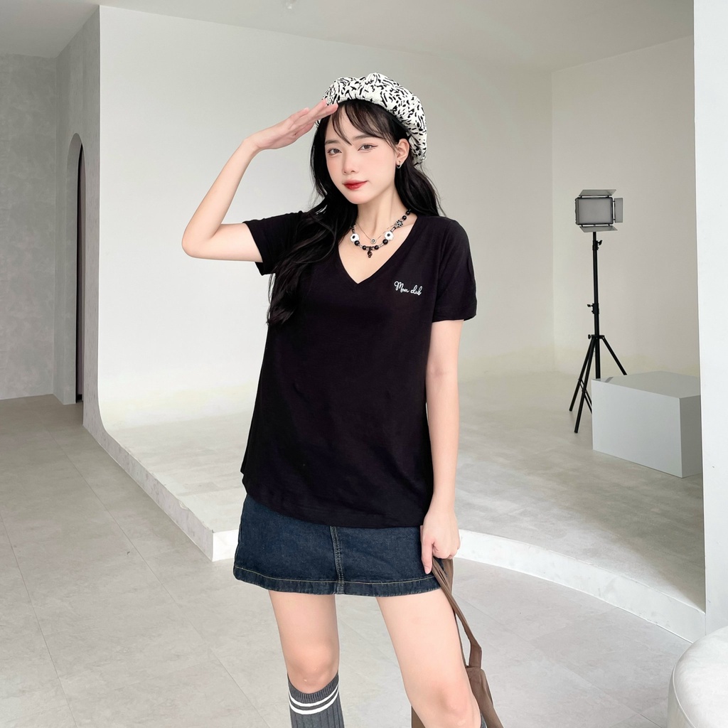 Áo thun nữ Mon vải cotton xược mềm mát kiểu cổ V SS0369