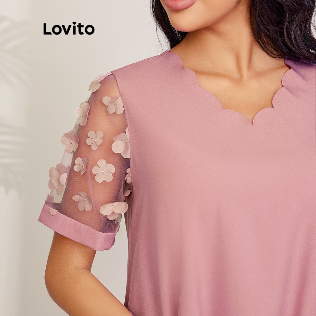 Đầm Lovito màu trơn lưới đính phụ kiện viền vỏ sò phong cách lãng mạn L27LD152 (màu hồng)