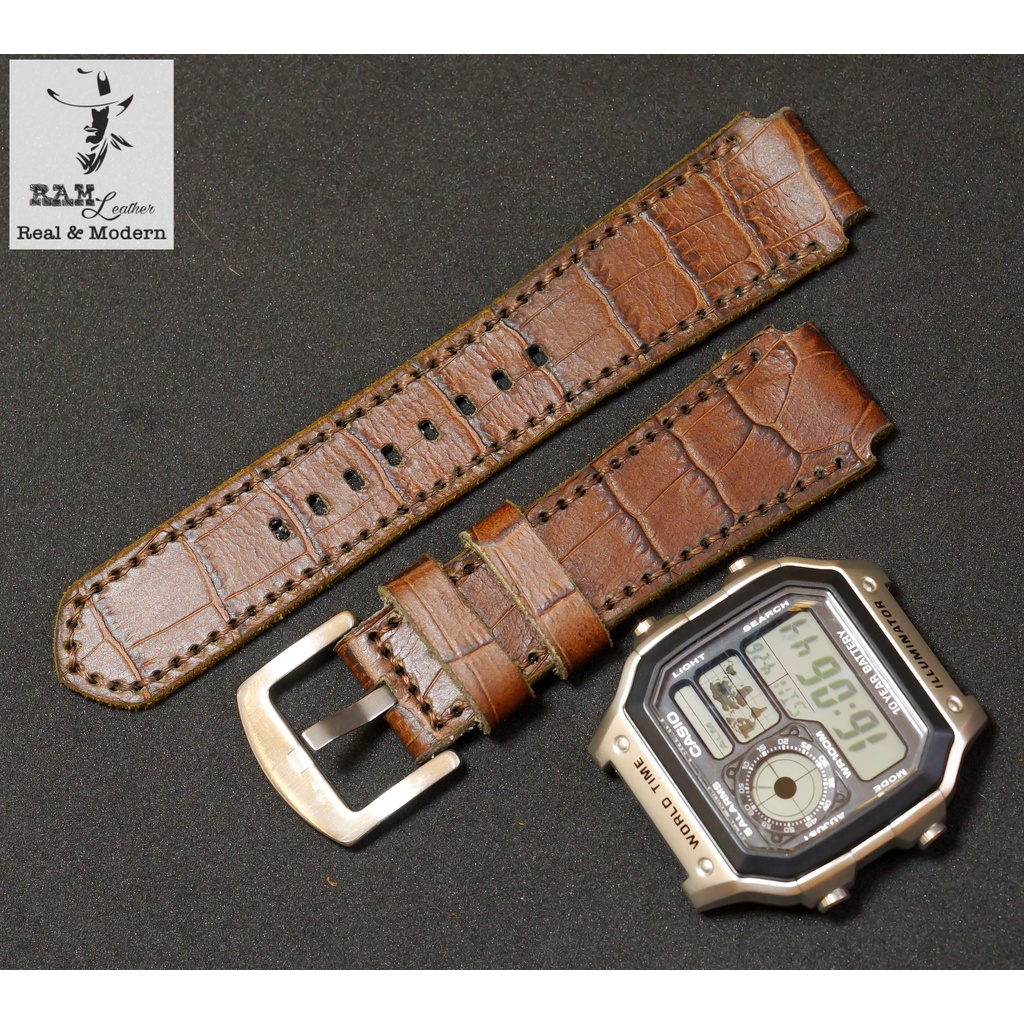 Dây Casio AE 1200 da bò vân cá sấu RAM Leather 1928 - tặng khóa chốt và cây thay dây
