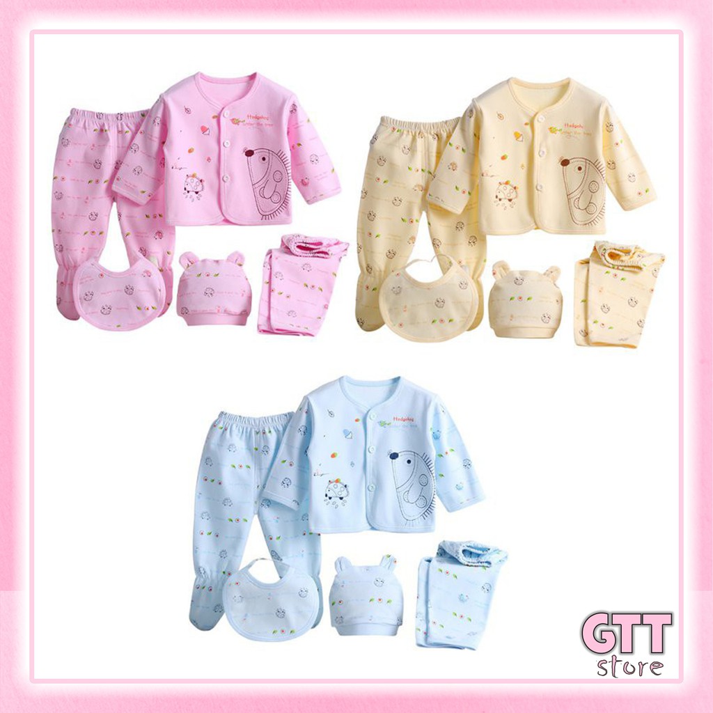 Bộ sơ sinh thu đông dài tay 5 chi tiết vải bông cotton cho trẻ 0 đến 3 tháng QT007