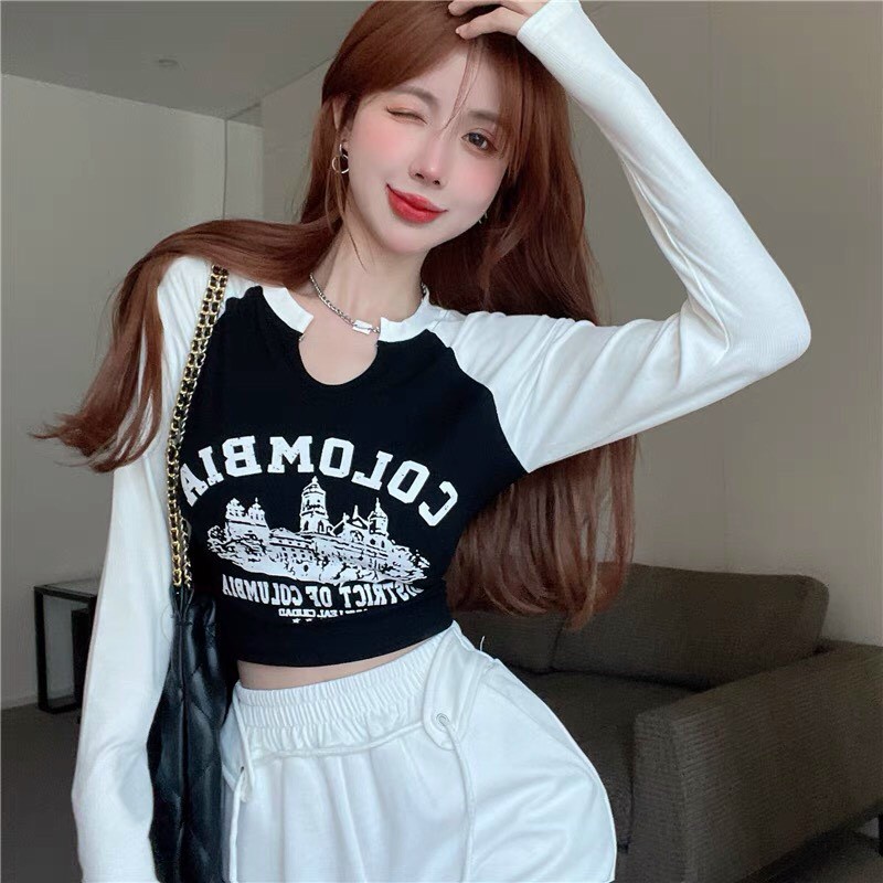Áo croptop nữ thêu chữ kiểu hình tòa nhà 5 sao phối tay dài 2 màu cực đẹp cho cô nàng năng động ba