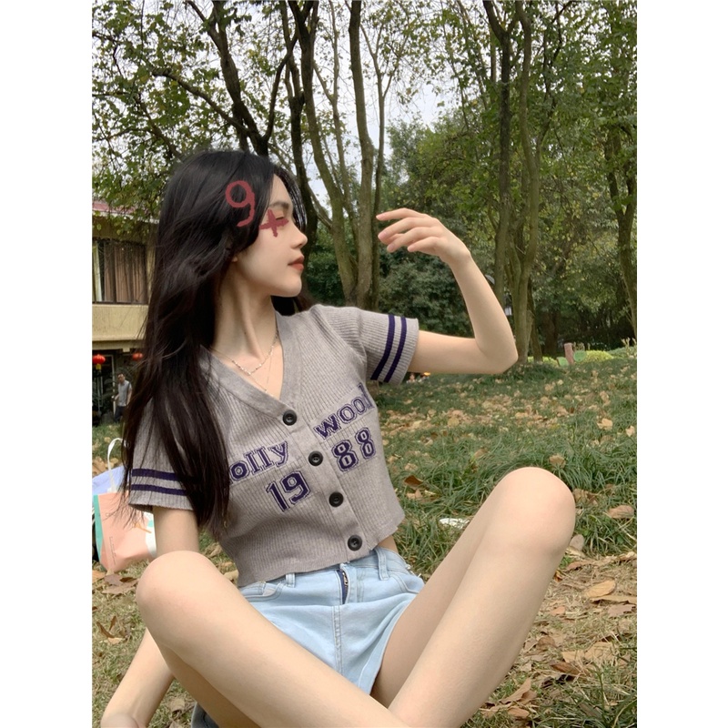 Áo thun ZHELIHANGFEI dệt kim tay ngắn in chữ thời trang dành cho nữ