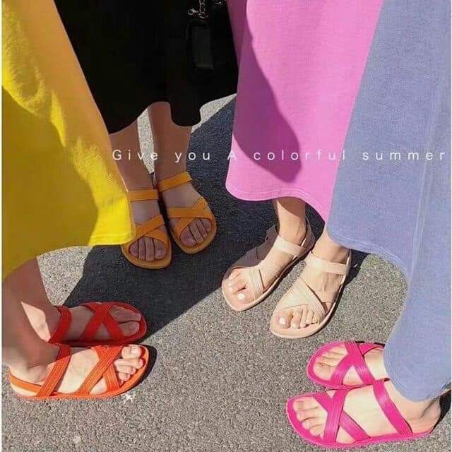 Giày sandal Hàn Quốc cao su dẻo đi biển quai chéo nhiều màu