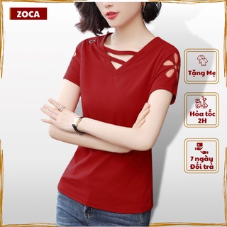 Áo phông nữ cộc tay cổ tim , Áo thun mùa hè tay ngắn thiết kế hoạ tiết hoa cúc nổi bật 100% COTTON _ AHC