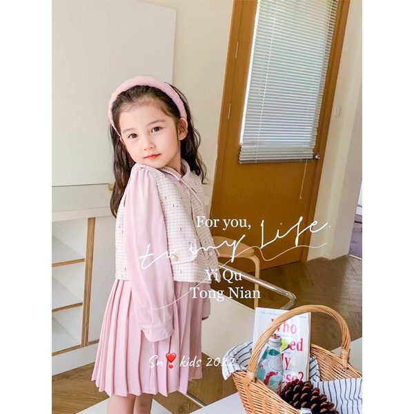 Set dạ 2 lớp cv xếp ly sn kids cho bé gái