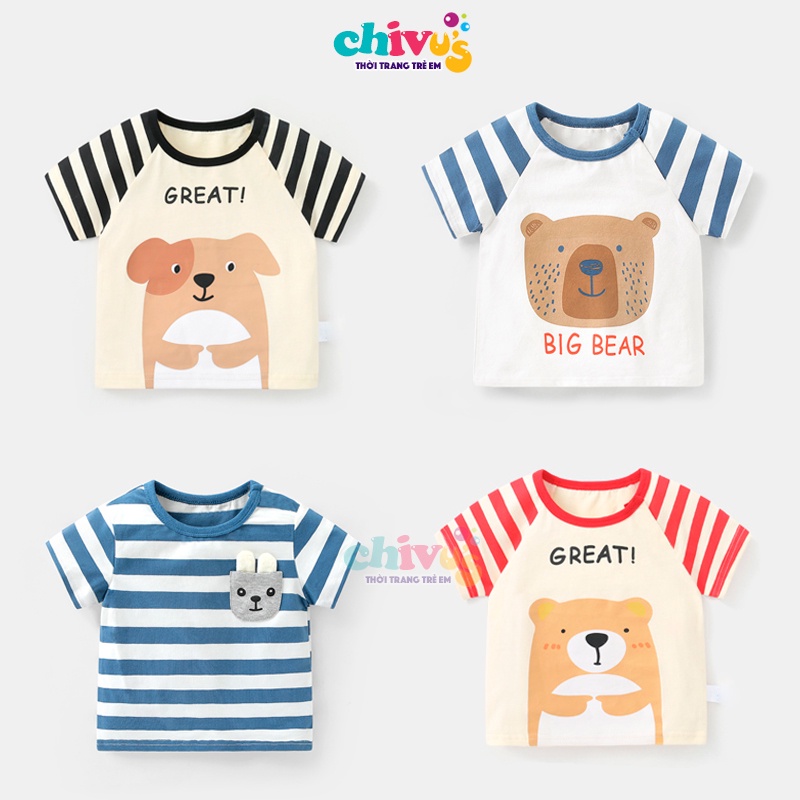 Áo thun bé trai bé gái chất cotton hoạ tiết kẻ in hình thú dễ thương quần áo trẻ em 1 2 3 4 5 6 tuổi CHIVU's KID