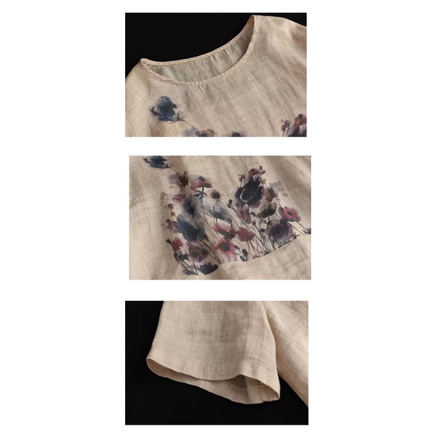 Áo Thun cotton Lanh Mỏng Tay Lửng Dáng Rộng In Mực In Họa Tiết Thời Trang Mùa Hè 2022 Mới