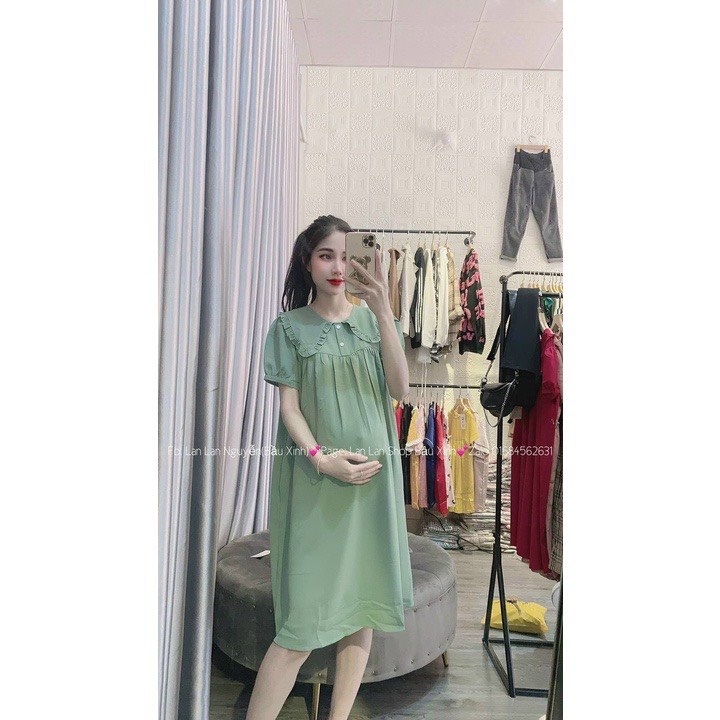 Váy bầu Đầm Bầu Thời Trang Dáng Suông Chất Đũi Tay Ngắn Có Cổ Xinh