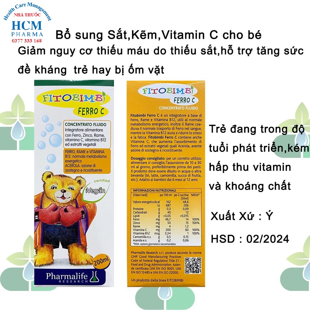 Kẽm sắt vitamin c tăng sức đề kháng cho bé Fitobimbi Ferro C nhập khẩu Italia chai 200ml DLP04