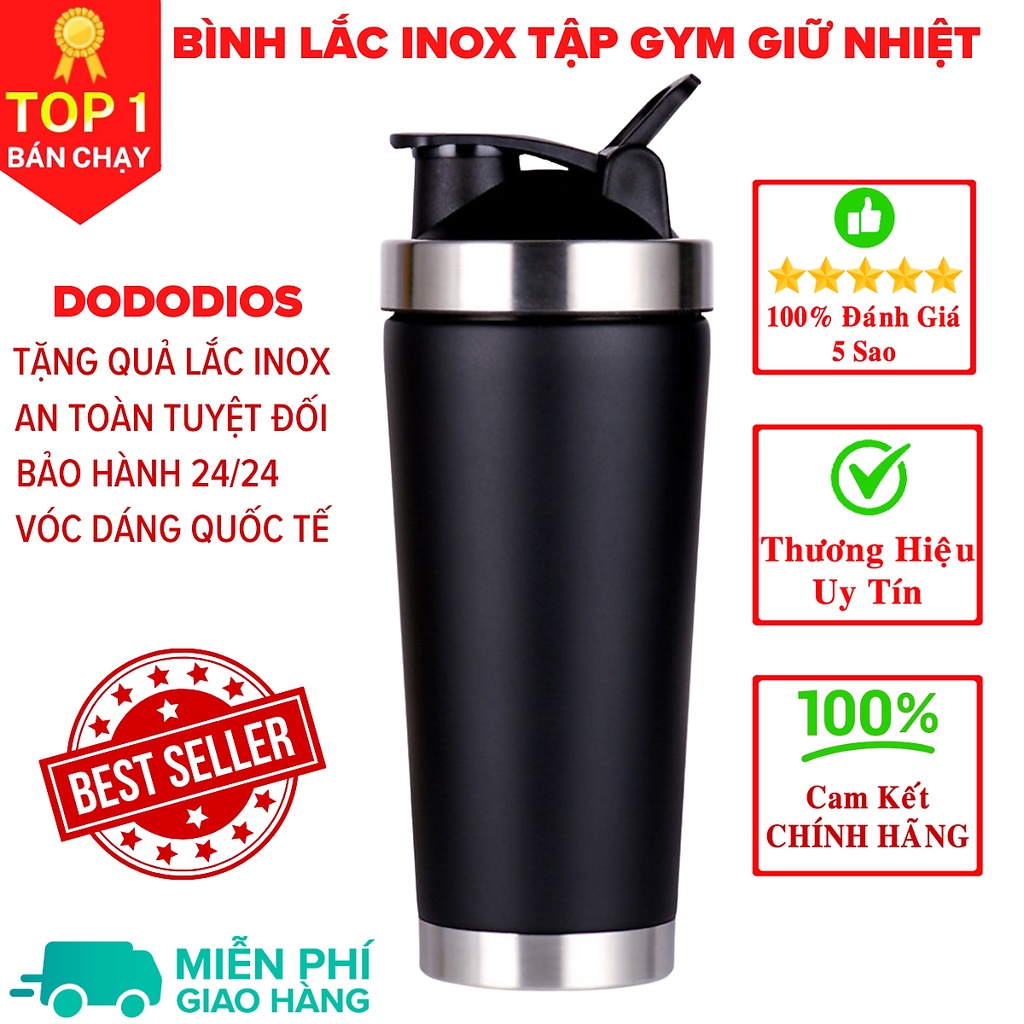 [Loại Cao Cấp - Giữ Nhiệt - Inox 304] bình lắc gym shaker, bình nước thể thao inox giữ nhiệt + Tặng quả lắc - ĐenViềnBạc