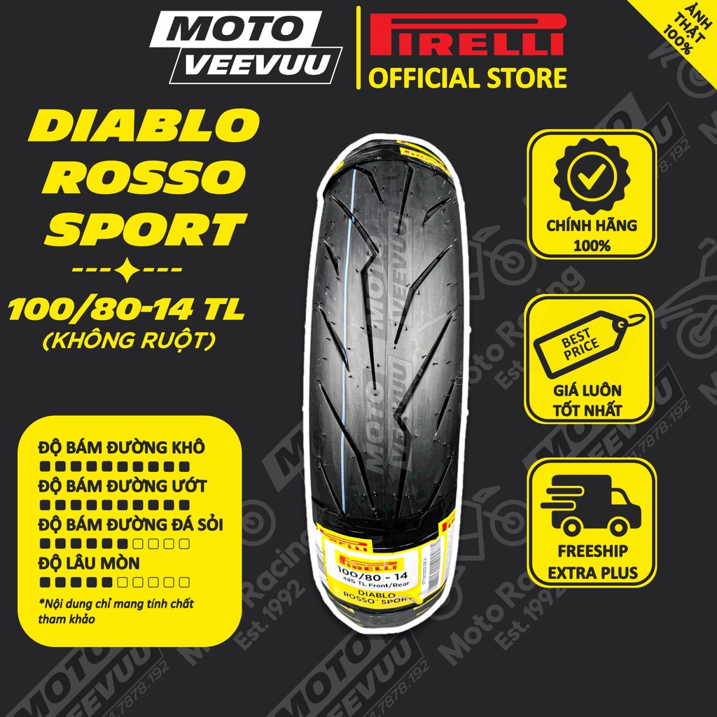 Vỏ lốp xe máy PIRELLI 100/80-14 TL Diablo Rosso Sport (Lốp không ruột)