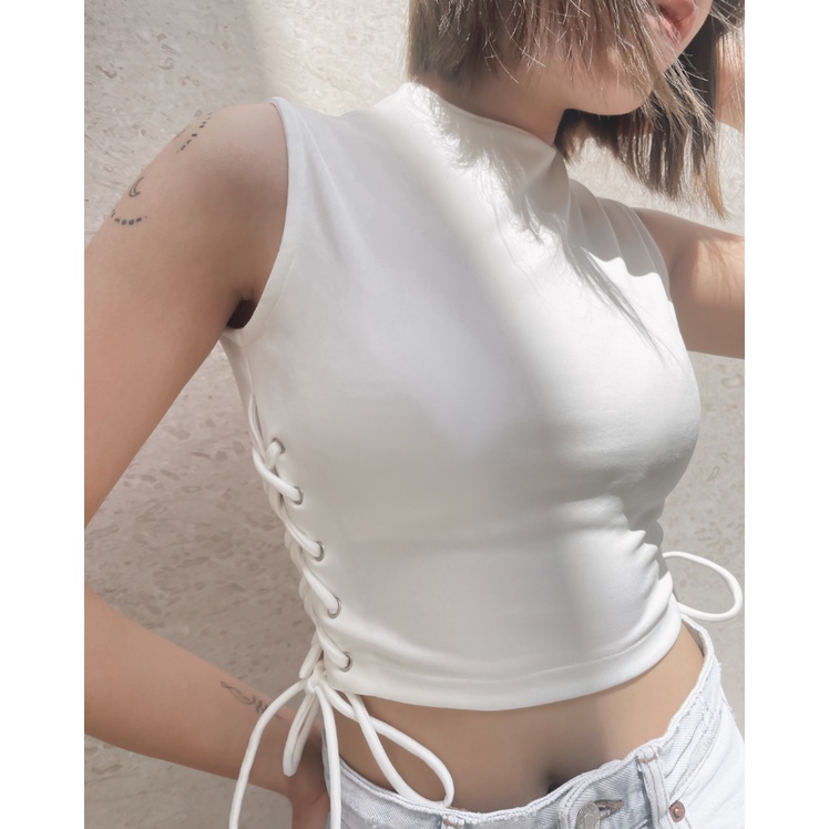 Áo croptop VAGA TOP trắng đan dây, Áo croptop ôm đan dây