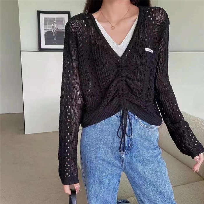 ZHELIHANGFEI Áo Len Tay Dài Cổ Chữ V Phối Dây Rút Thời Trang Cho Nữ