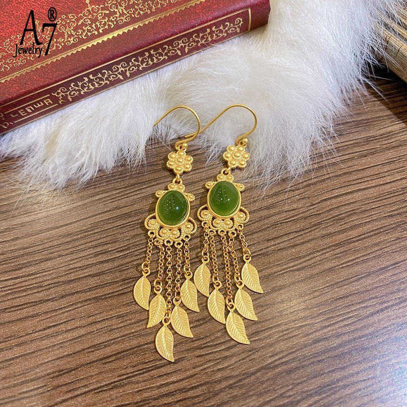 Bông Tai Bạc A7 S925 Dáng Dài Tua Rua Đính Đá Quý Sang Trọng