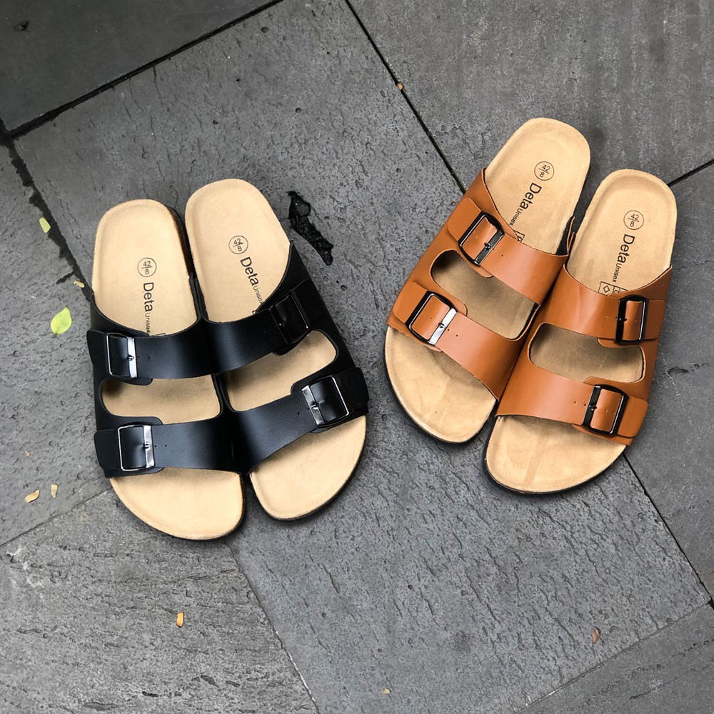 [CỰC RẺ] DÉP ĐẾ TRẤU NAM NỮ 2 QUAI BIRKEN UNISEX DA PU MÀU ĐEN - DETA21D