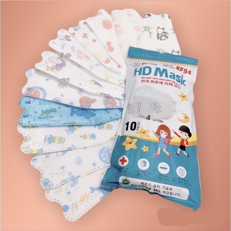 SET 10 cái KHẨU TRANG TRẺ EM KF94 HD MASK cho bé 2-12 tuổi