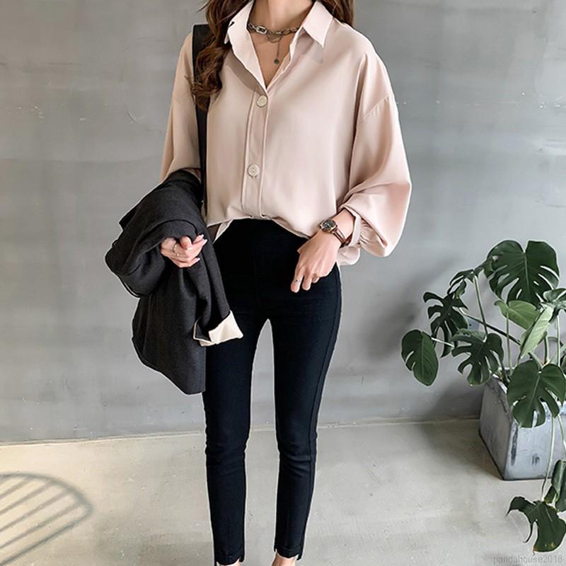 FREESHIP ĐƠN 99K_ Women Blouse Áo chiffon dáng rộng màu trơn tay dài phong cách Hàn Quốc