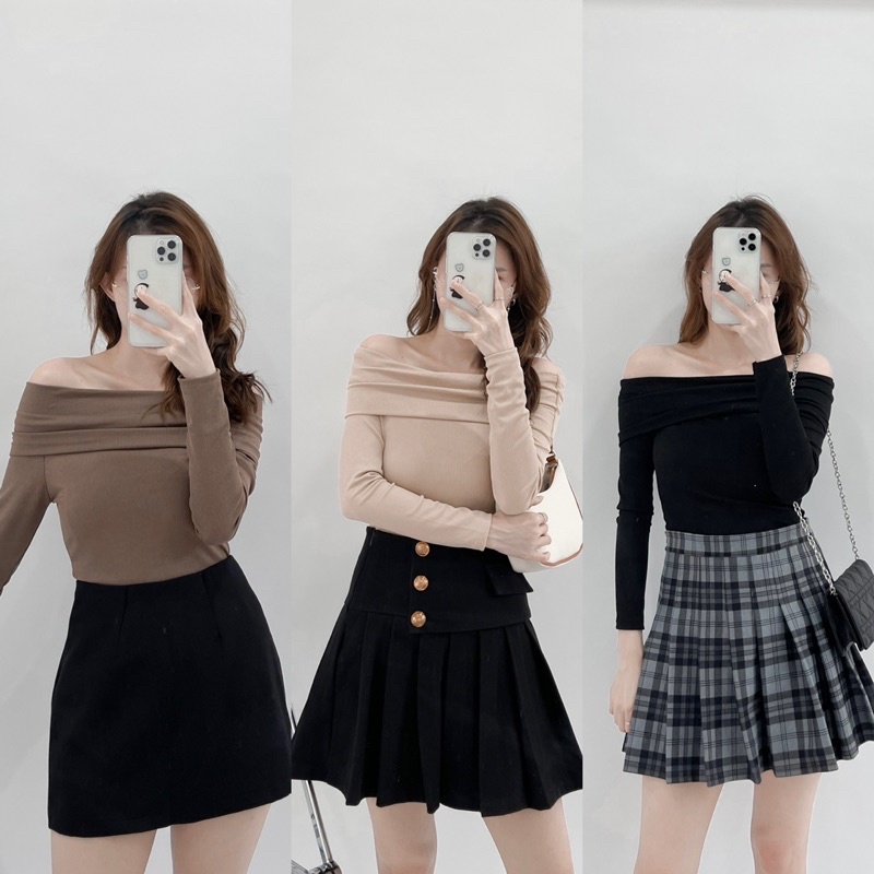 Áo thun tăm trễ vai dài tay ba màu chất mịn, Áo bẹt vai ngang (Ảnh thật/ Sẵn)