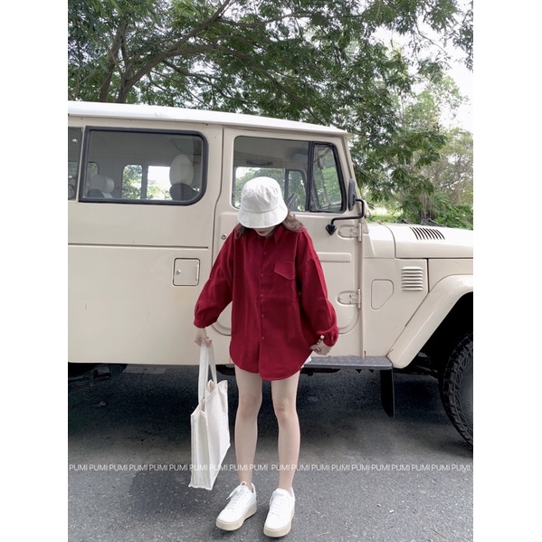 Áo sơ mi nữ nhung tay lửng 1 túi hộp trước dáng oversize có 3 màu nâu vàng, kem, đỏ và nâu freesize Pumi