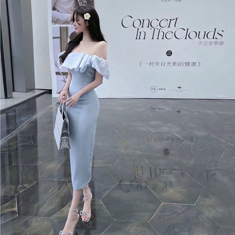 Yujie Đầm Voan Ống Dài Vừa Vai Xếp Ly Nhẹ Nhàng Phong Cách Mature