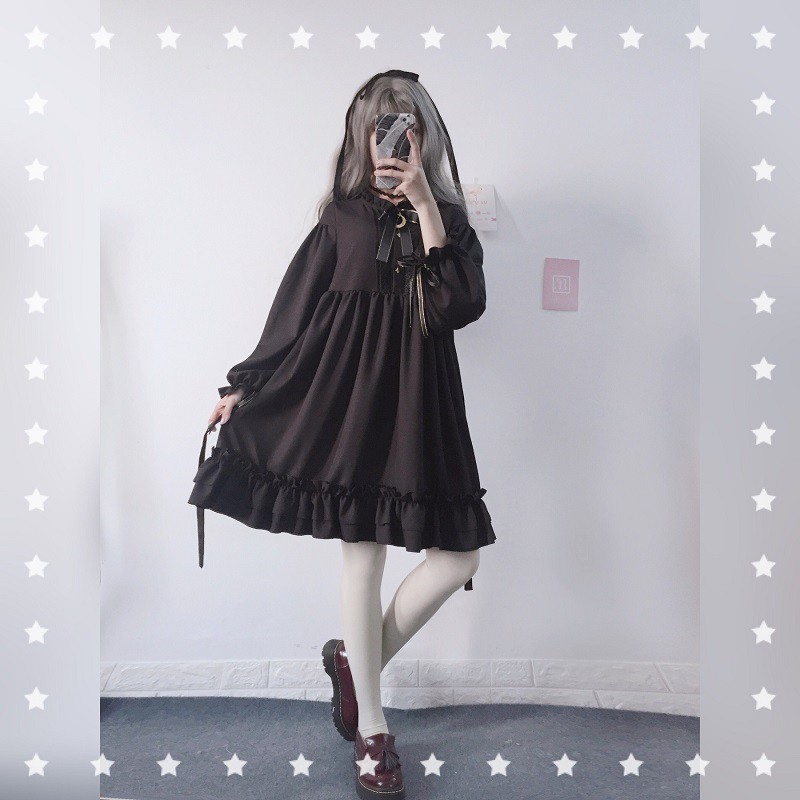 [CÓ SẴN DÀI TAY. Kèm ảnh thật] Váy babydoll cổ bèo thắt nơ phối ren tay bồng Lolita | BigBuy360 - bigbuy360.vn