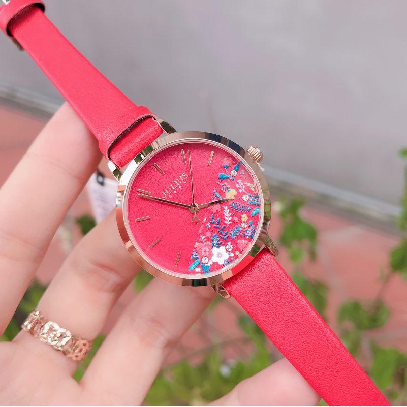 Đồng hồ nữ Julius Hàn Quốc JA-1089 dây da mặt in hoa (Chọn màu)