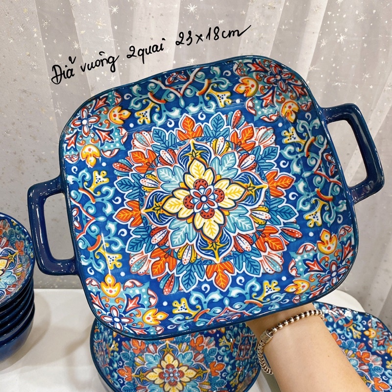 Bát Đĩa Sứ Decor Bát Ăn cơm, Bộ chén dĩa sứ dễ thương cute cao cấp Sét Thổ Cẩm xanh Dương sang chảnh