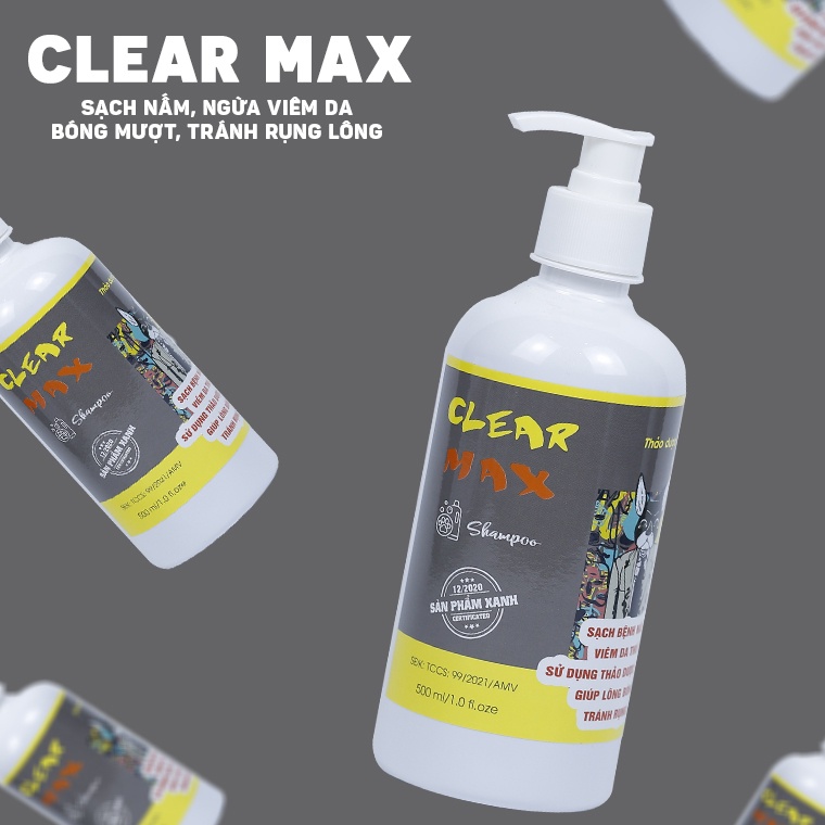 Sữa tắm chó mèo CLEAR-MAX chiết xuất thảo dược giúp thú cưng Sạch nấm,ngứa,viêm da,bóng mượt lông từ AMITAVET chai 500ml